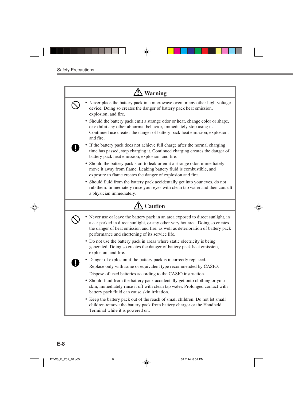 Warning, Caution | Casio DT-X5 Series User Manual | Page 10 / 73