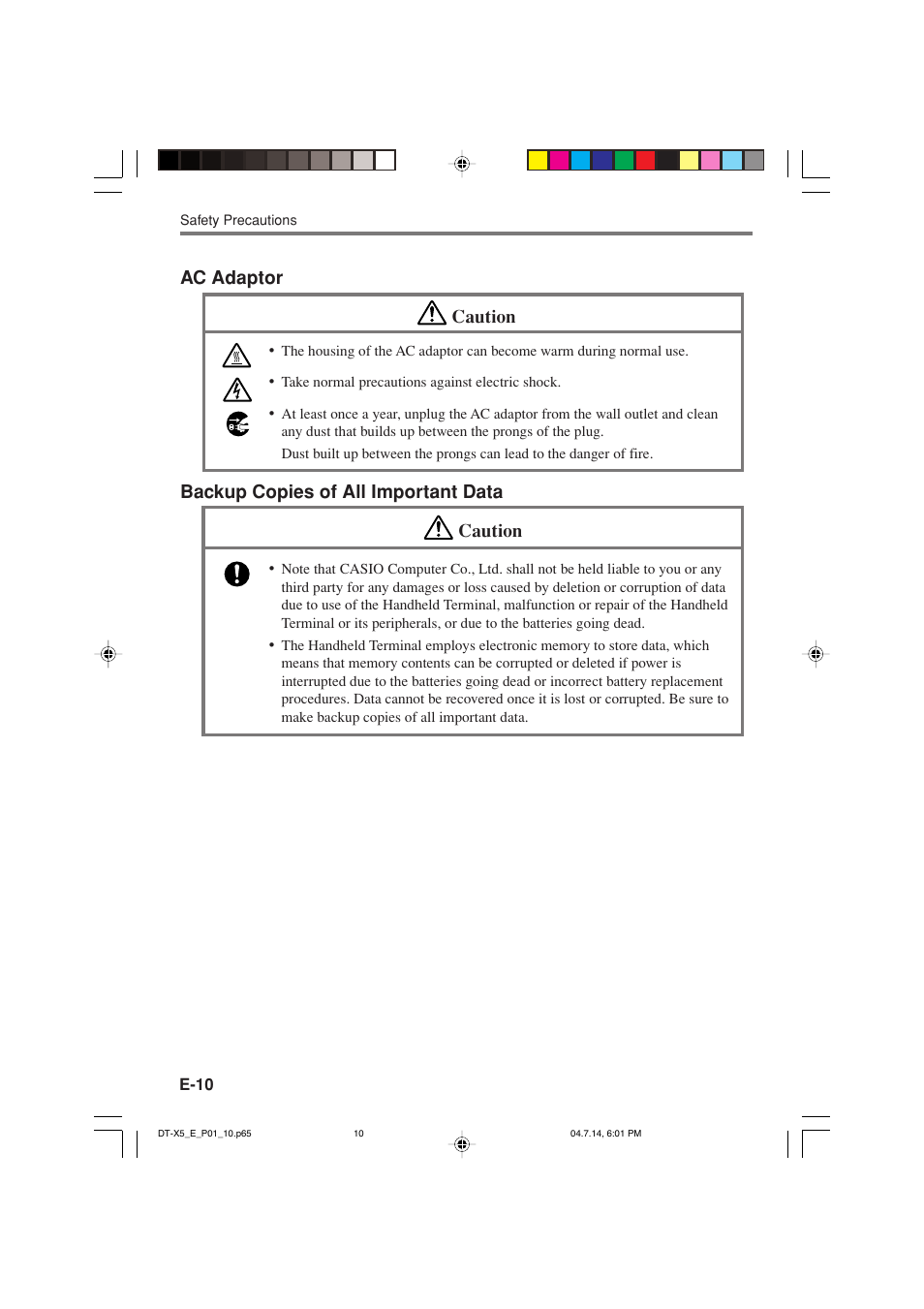 Ac adaptor caution, Backup copies of all important data caution | Casio DT-X5 Series User Manual | Page 12 / 73