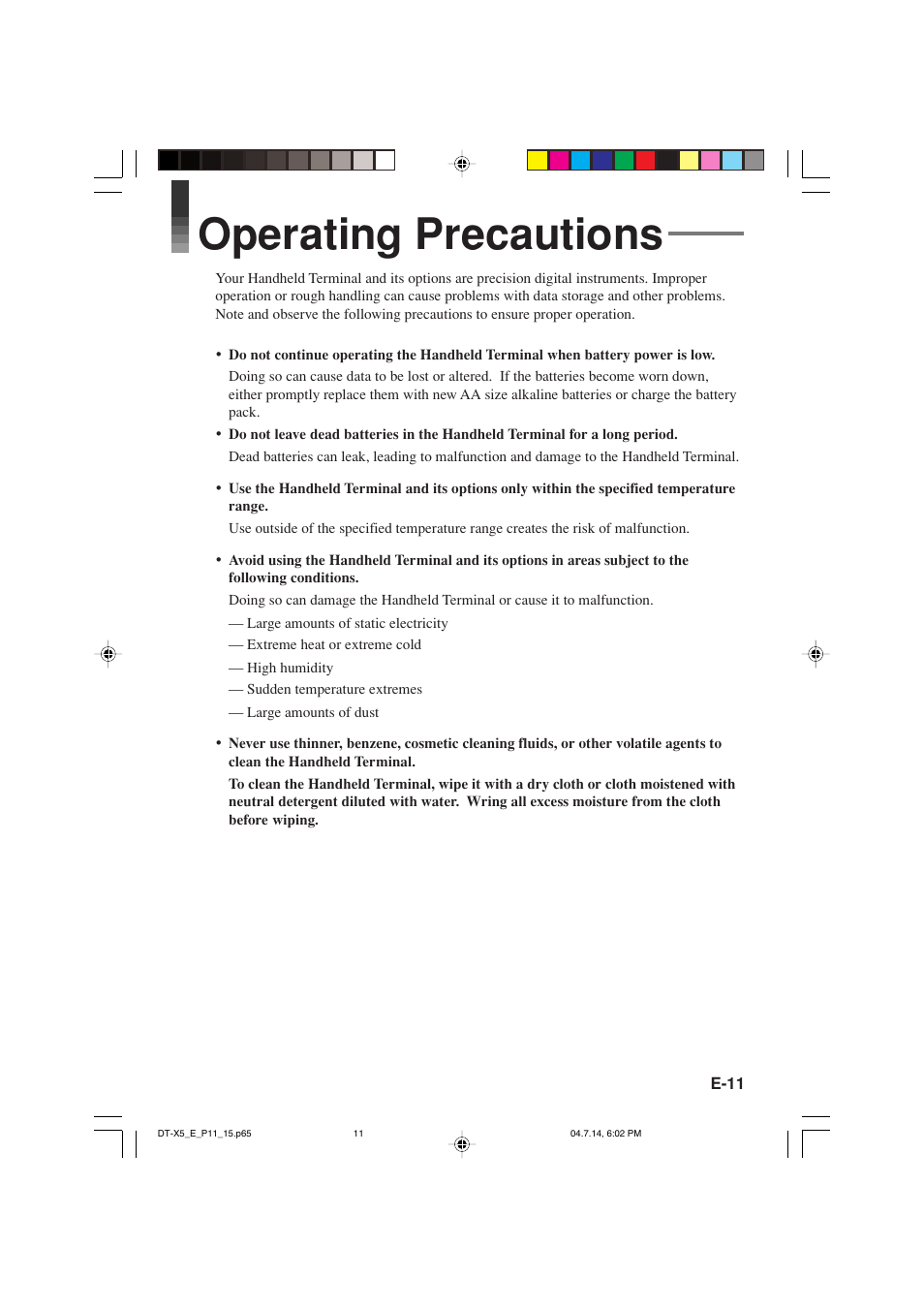 Operating precautions | Casio DT-X5 Series User Manual | Page 13 / 73