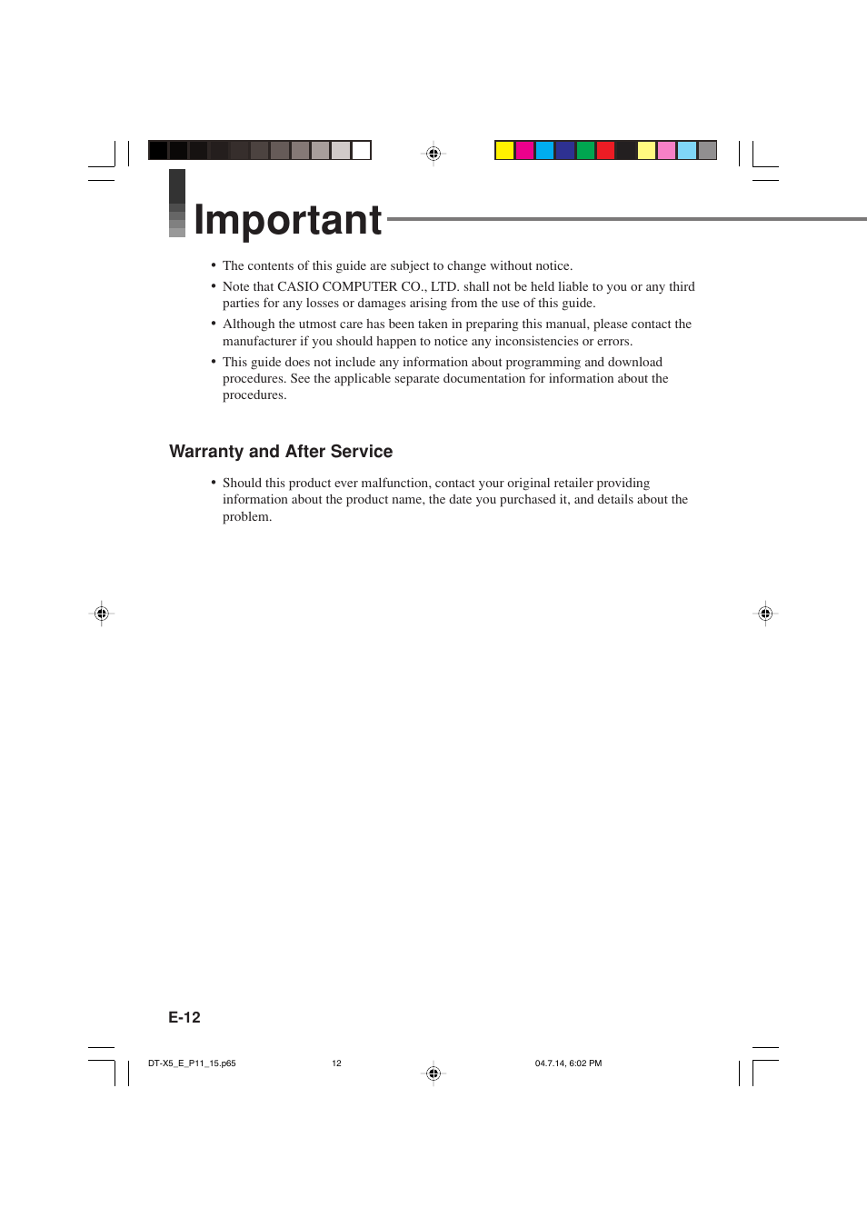 Important | Casio DT-X5 Series User Manual | Page 14 / 73