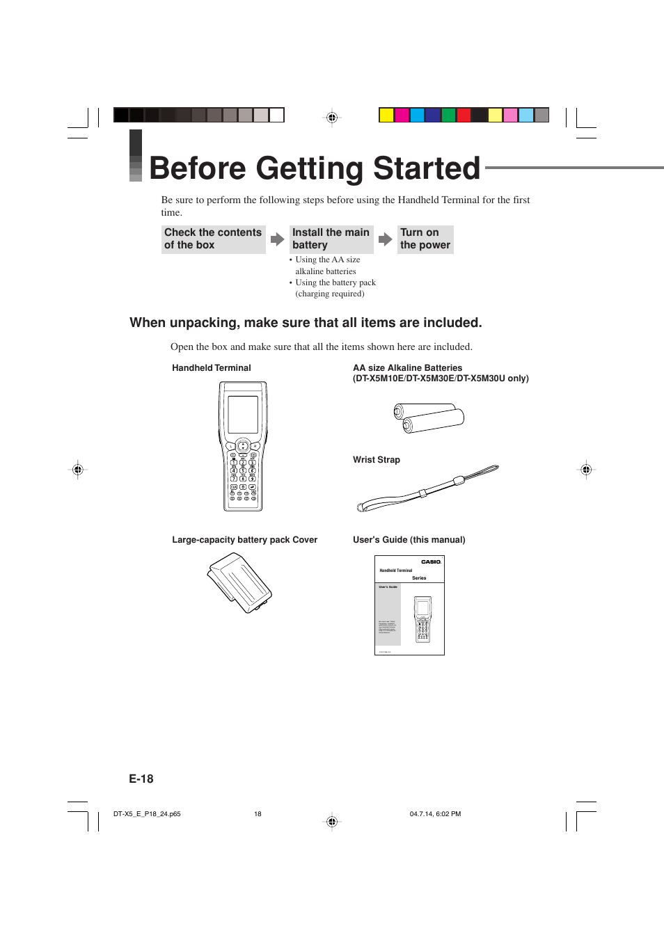 Before getting started, E-18 | Casio DT-X5 Series User Manual | Page 20 / 73