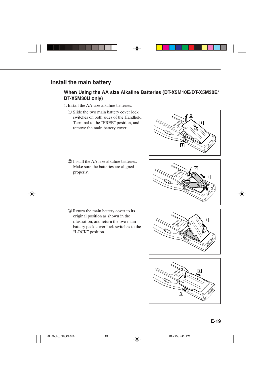 Install the main battery | Casio DT-X5 Series User Manual | Page 21 / 73
