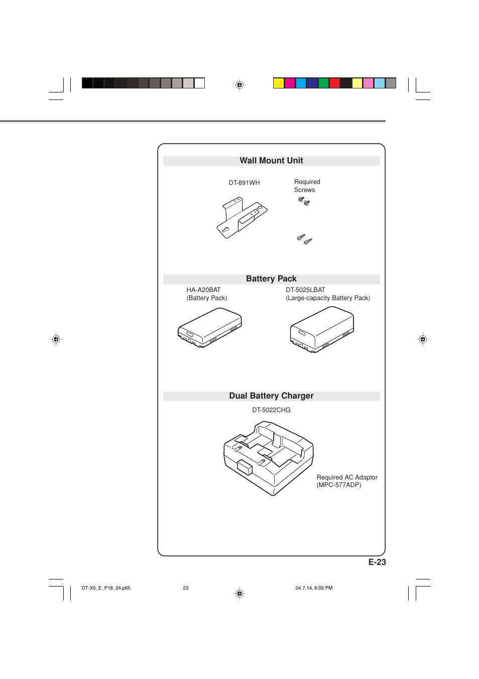E-23, Battery pack, Wall mount unit dual battery charger | Casio DT-X5 Series User Manual | Page 25 / 73