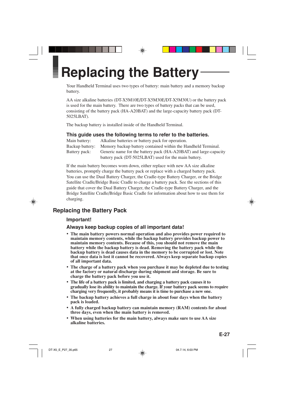 Replacing the battery | Casio DT-X5 Series User Manual | Page 29 / 73