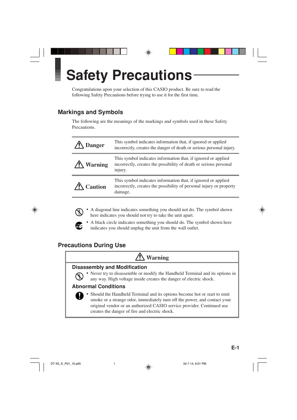 Safety precautions | Casio DT-X5 Series User Manual | Page 3 / 73