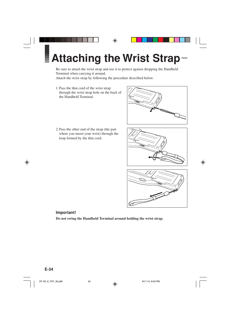 Attaching the wrist strap | Casio DT-X5 Series User Manual | Page 36 / 73