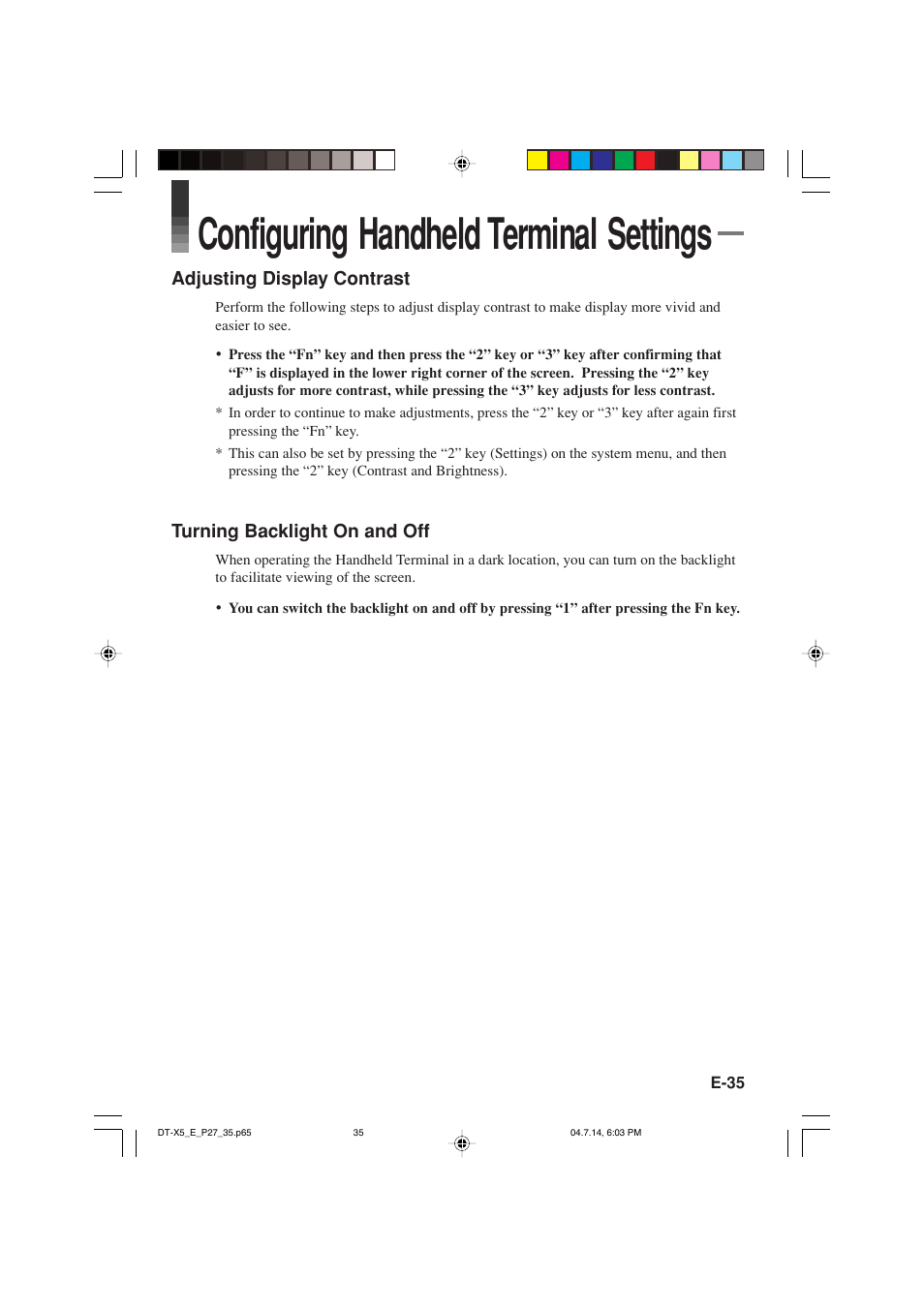 Configuring handheld terminal settings | Casio DT-X5 Series User Manual | Page 37 / 73