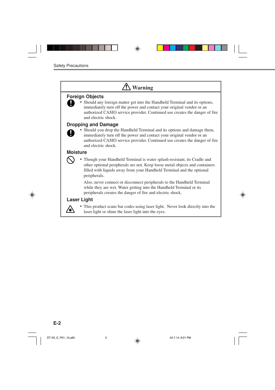 Warning | Casio DT-X5 Series User Manual | Page 4 / 73