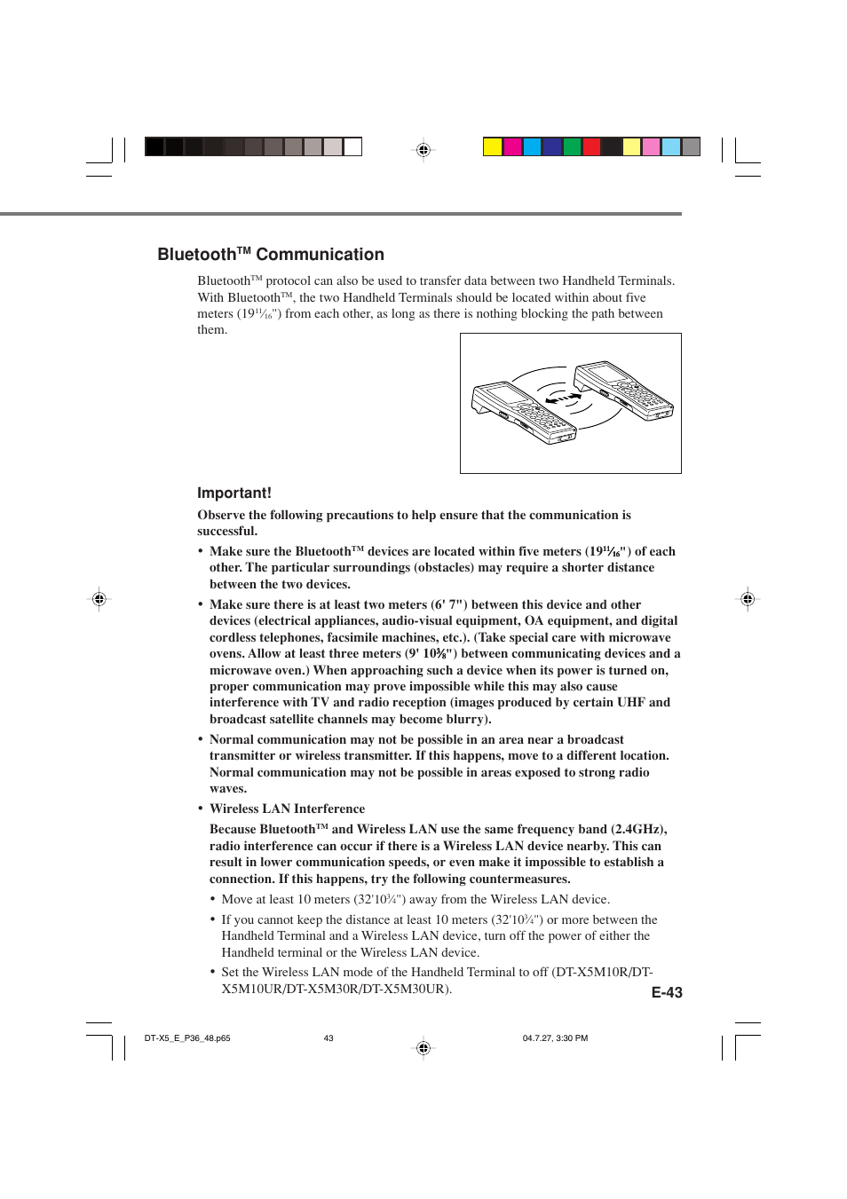Bluetooth, Communication, E-43 | Important | Casio DT-X5 Series User Manual | Page 45 / 73