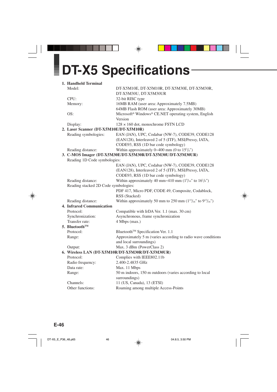 Dt-x5 specifications | Casio DT-X5 Series User Manual | Page 48 / 73
