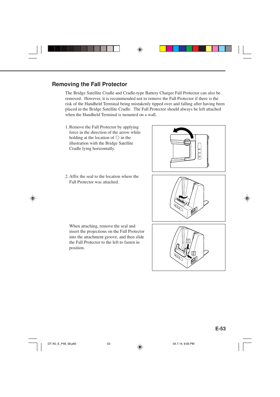 Removing the fall protector | Casio DT-X5 Series User Manual | Page 55 / 73