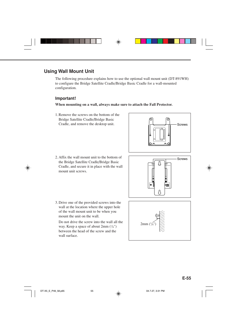 Using wall mount unit | Casio DT-X5 Series User Manual | Page 57 / 73