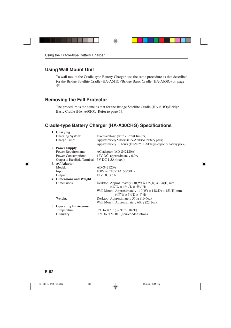 Using wall mount unit, Removing the fall protector | Casio DT-X5 Series User Manual | Page 64 / 73