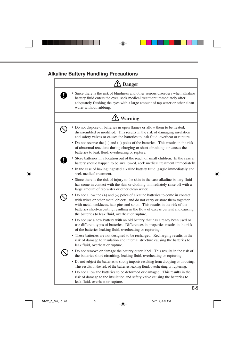 Alkaline battery handling precautions danger, Warning | Casio DT-X5 Series User Manual | Page 7 / 73