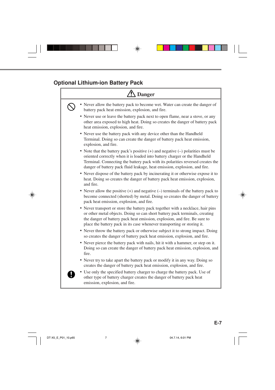 Optional lithium-ion battery pack danger | Casio DT-X5 Series User Manual | Page 9 / 73