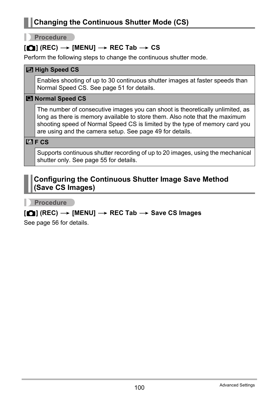 Changing the continuous shutter mode (cs) | Casio EX-FH100 User Manual | Page 100 / 203