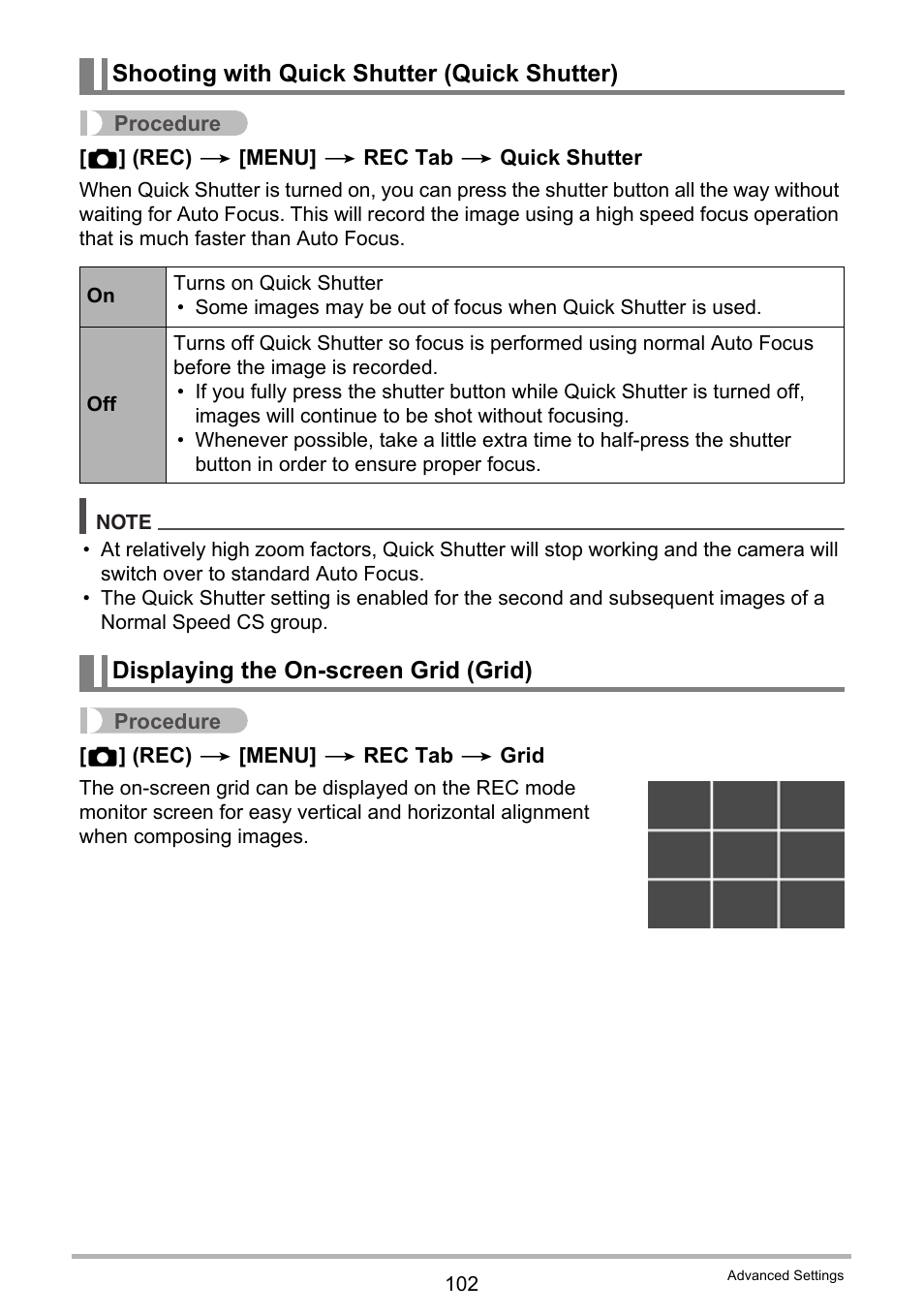 Shooting with quick shutter (quick shutter), Displaying the on-screen grid (grid) | Casio EX-FH100 User Manual | Page 102 / 203