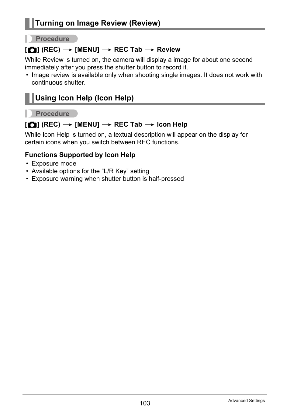 Turning on image review (review), Using icon help (icon help) | Casio EX-FH100 User Manual | Page 103 / 203