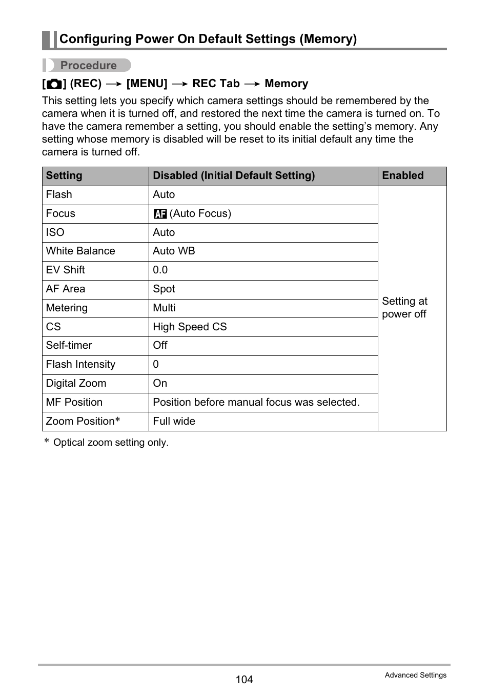 Configuring power on default settings (memory) | Casio EX-FH100 User Manual | Page 104 / 203