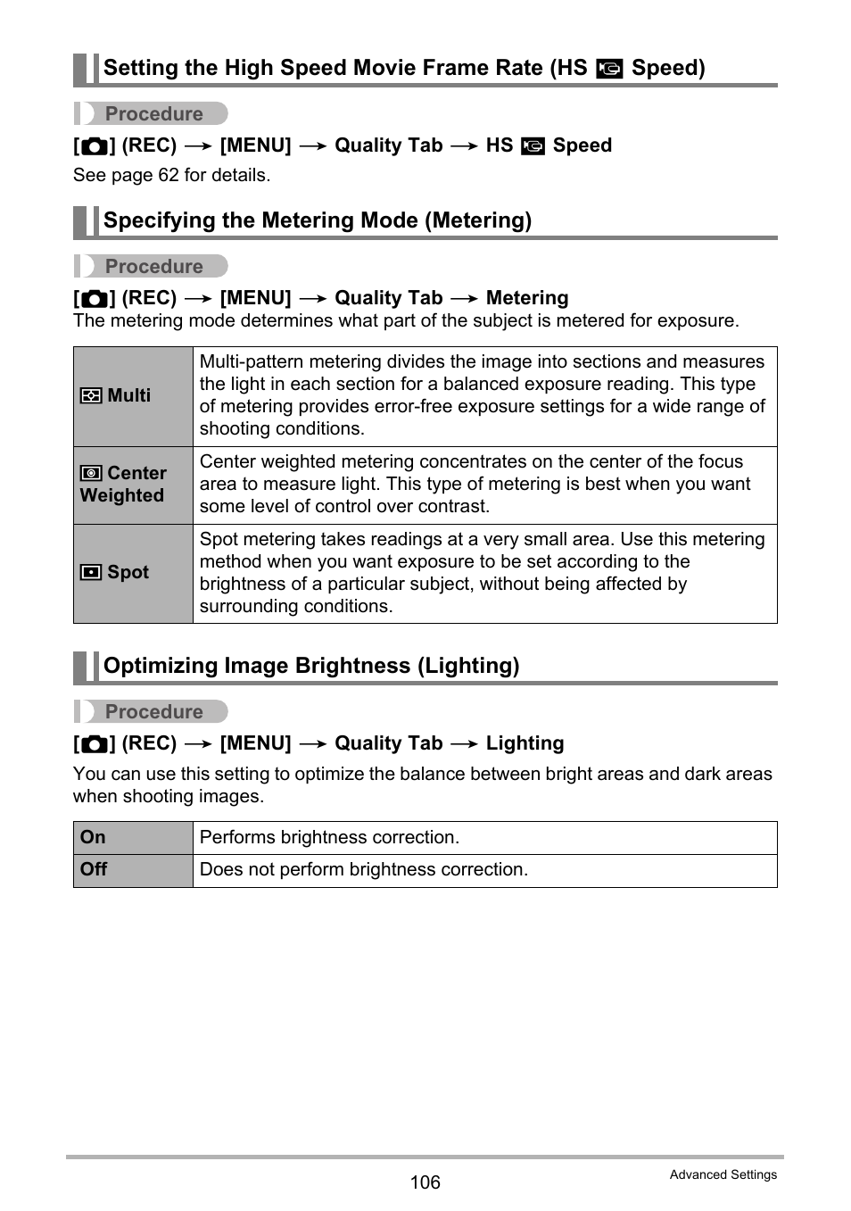 Specifying the metering mode (metering), Optimizing image brightness (lighting) | Casio EX-FH100 User Manual | Page 106 / 203