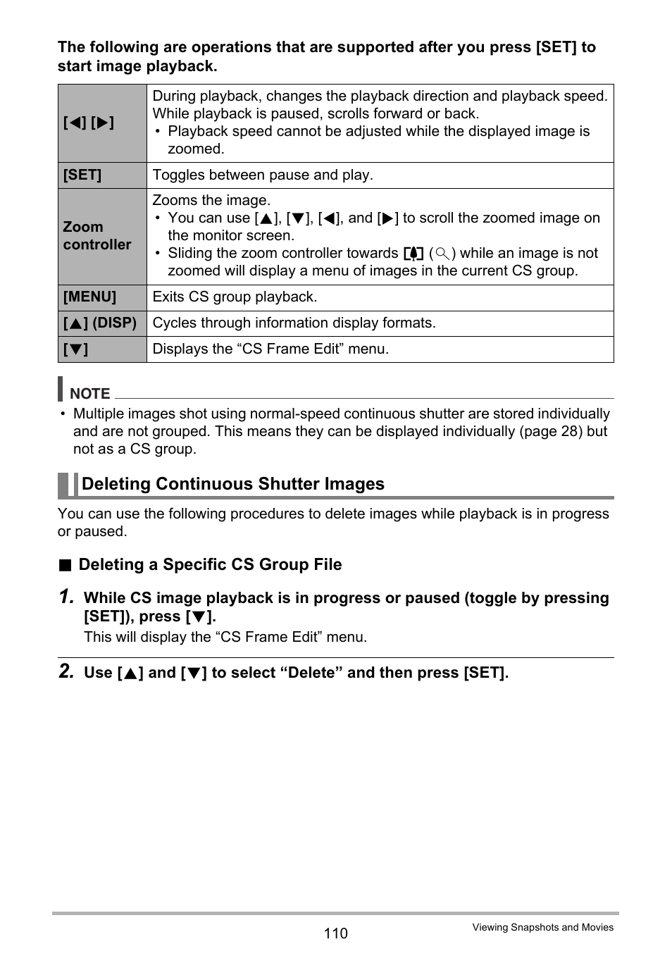 Deleting continuous shutter images | Casio EX-FH100 User Manual | Page 110 / 203