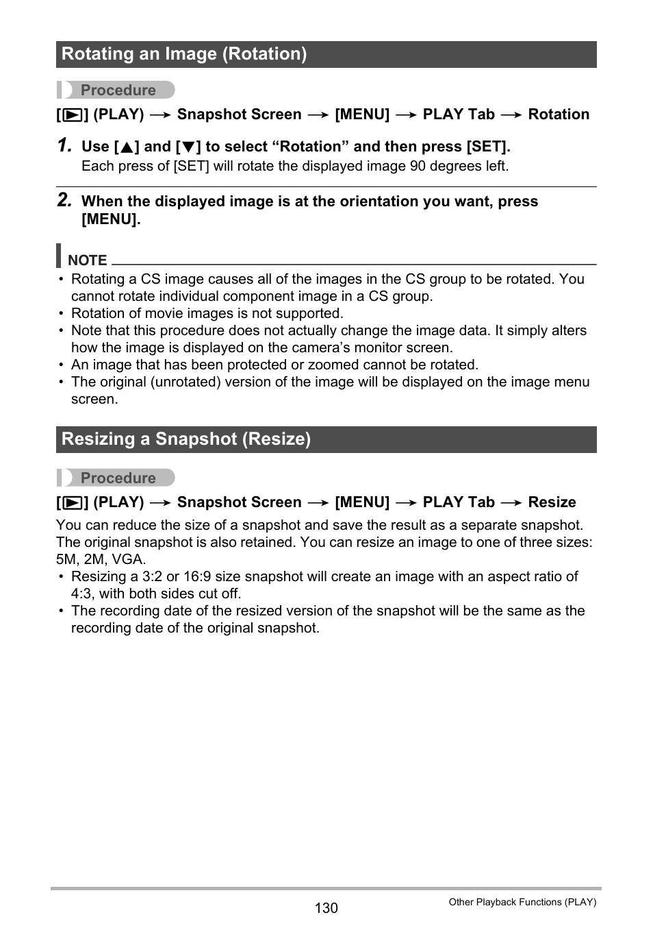 Rotating an image (rotation), Resizing a snapshot (resize) | Casio EX-FH100 User Manual | Page 130 / 203