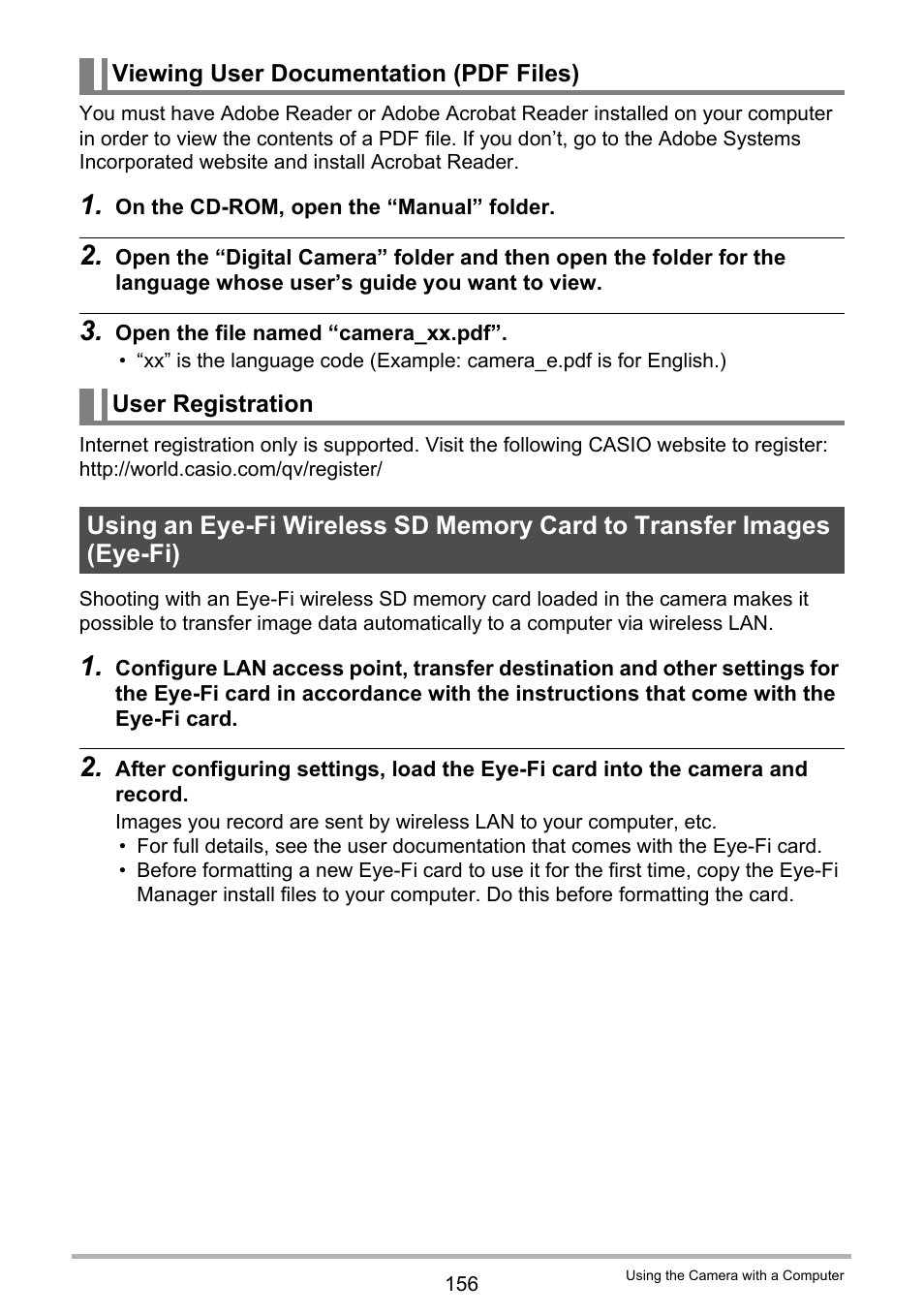 Viewing user documentation (pdf files), User registration | Casio EX-FH100 User Manual | Page 156 / 203