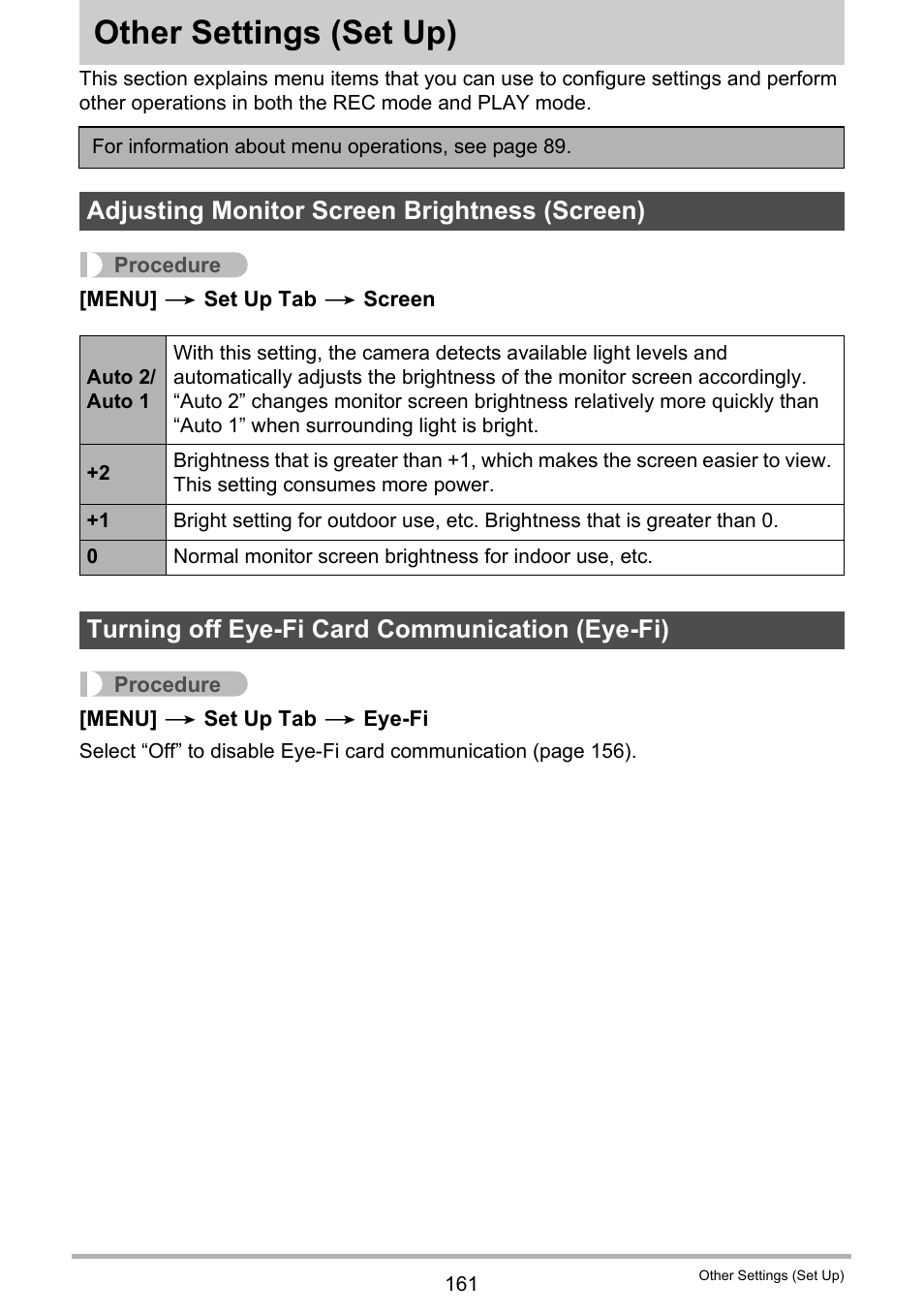 Other settings (set up), Adjusting monitor screen brightness (screen), Turning off eye-fi card communication (eye-fi) | Other settings, Set up) 161 | Casio EX-FH100 User Manual | Page 161 / 203