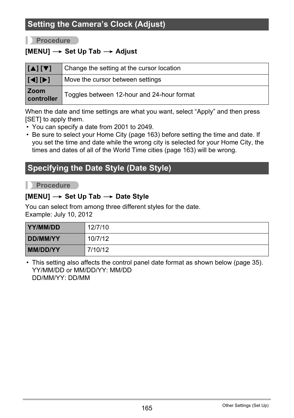 Setting the camera’s clock (adjust), Specifying the date style (date style), E 165) | Casio EX-FH100 User Manual | Page 165 / 203