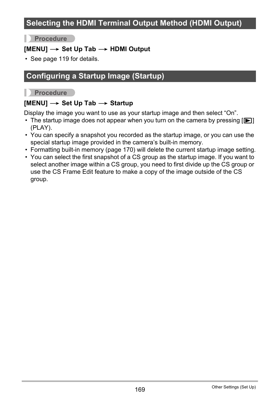 Configuring a startup image (startup) | Casio EX-FH100 User Manual | Page 169 / 203