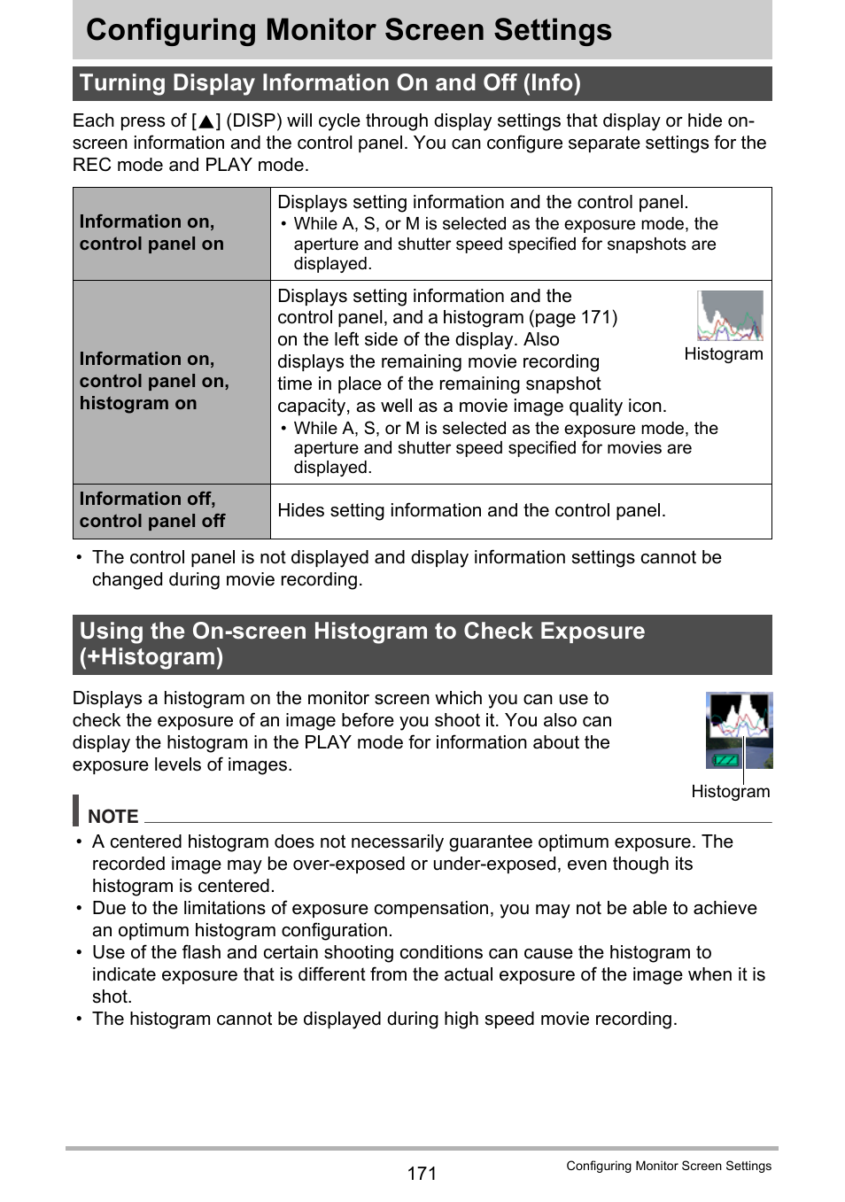 Configuring monitor screen settings, Turning display information on and off (info) | Casio EX-FH100 User Manual | Page 171 / 203