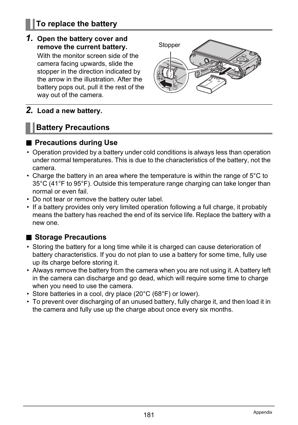 To replace the battery, Battery precautions | Casio EX-FH100 User Manual | Page 181 / 203