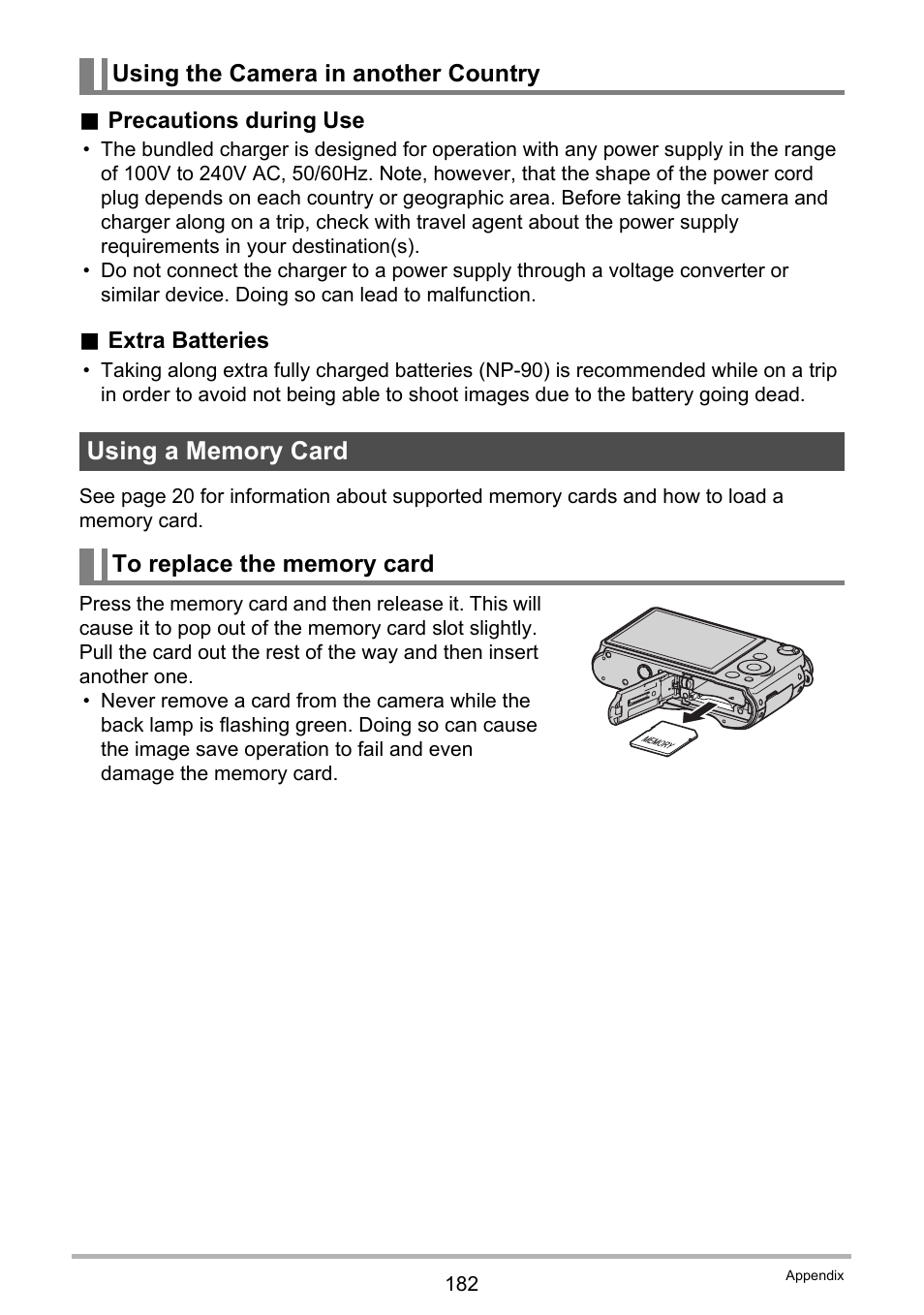 Using the camera in another country, Using a memory card, To replace the memory card | Casio EX-FH100 User Manual | Page 182 / 203