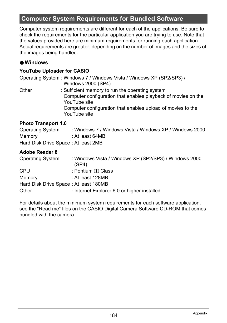 Computer system requirements for bundled software | Casio EX-FH100 User Manual | Page 184 / 203