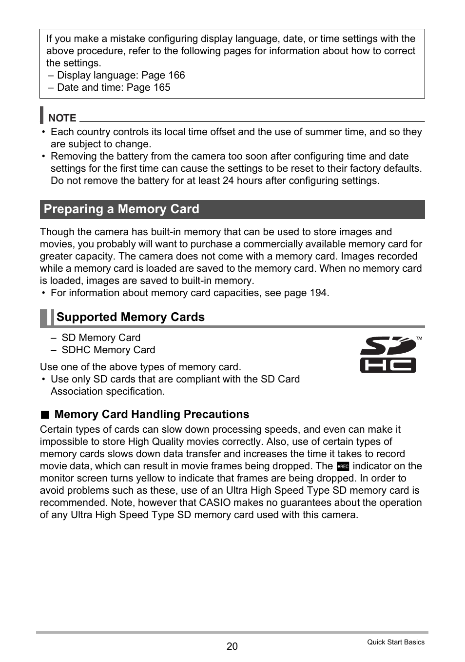 Preparing a memory card, Supported memory cards | Casio EX-FH100 User Manual | Page 20 / 203