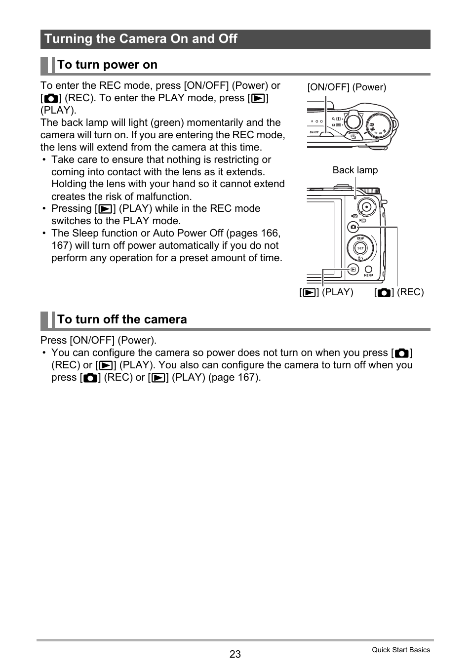 Turning the camera on and off, To turn power on, To turn off the camera | Casio EX-FH100 User Manual | Page 23 / 203