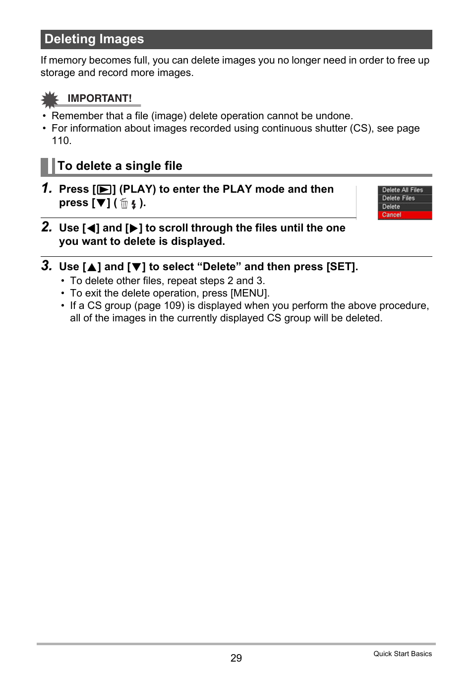 Deleting images, To delete a single file | Casio EX-FH100 User Manual | Page 29 / 203