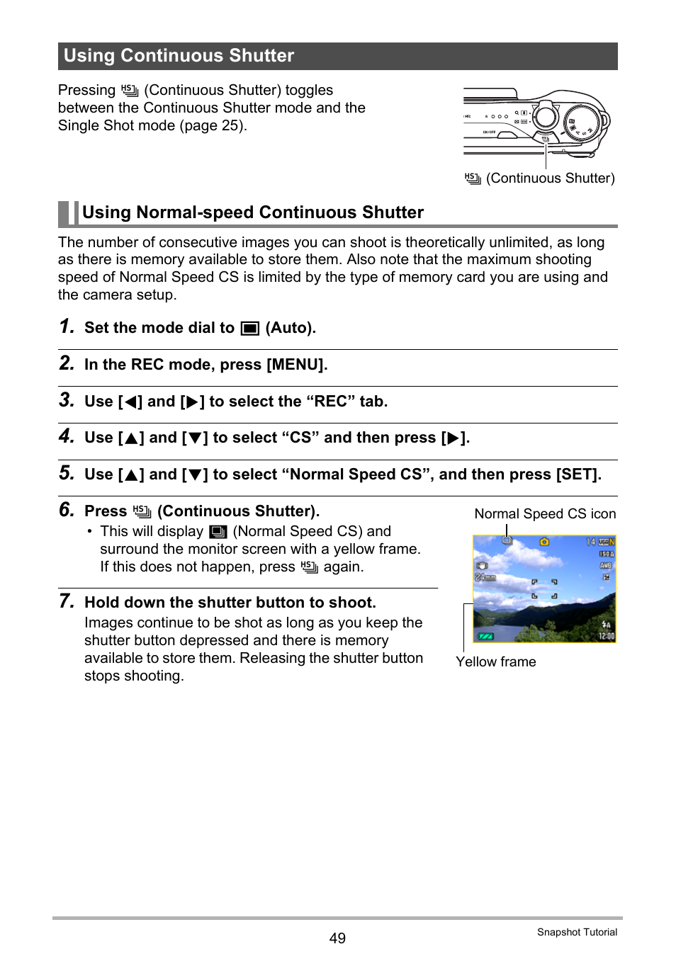 Using continuous shutter, Using normal-speed continuous shutter | Casio EX-FH100 User Manual | Page 49 / 203