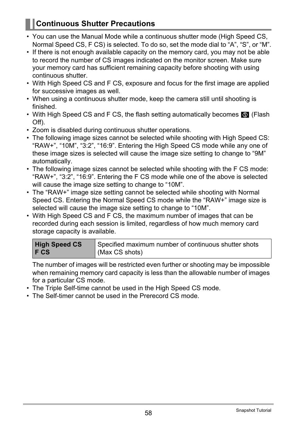 Continuous shutter precautions | Casio EX-FH100 User Manual | Page 58 / 203