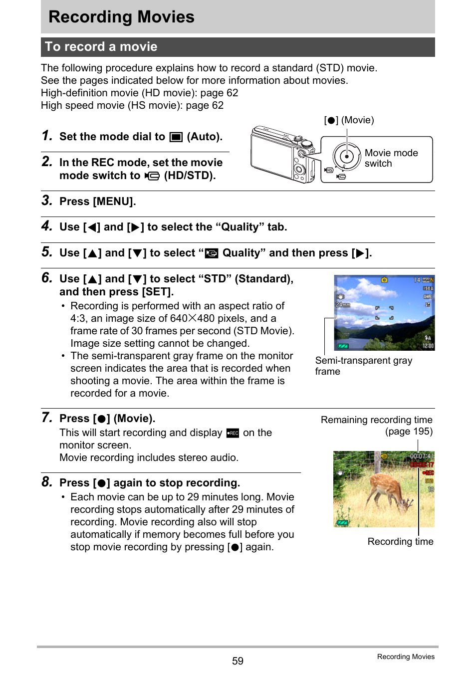 Recording movies, To record a movie | Casio EX-FH100 User Manual | Page 59 / 203