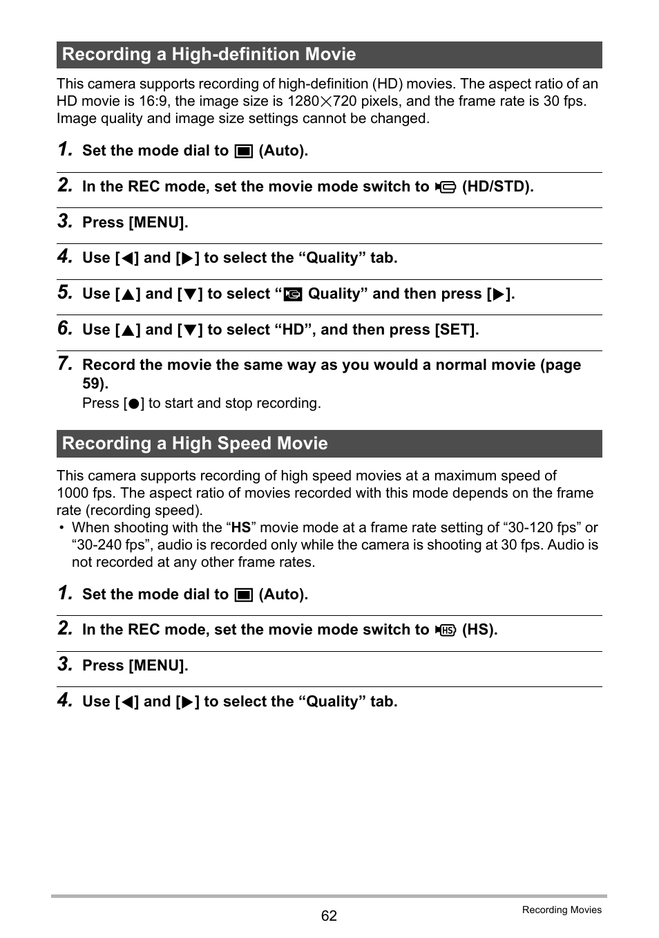 Recording a high-definition movie, Recording a high speed movie, For more information | Casio EX-FH100 User Manual | Page 62 / 203