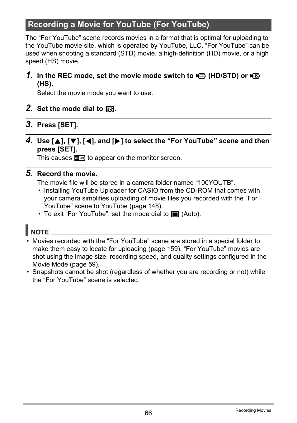 Recording a movie for youtube (for youtube) | Casio EX-FH100 User Manual | Page 66 / 203