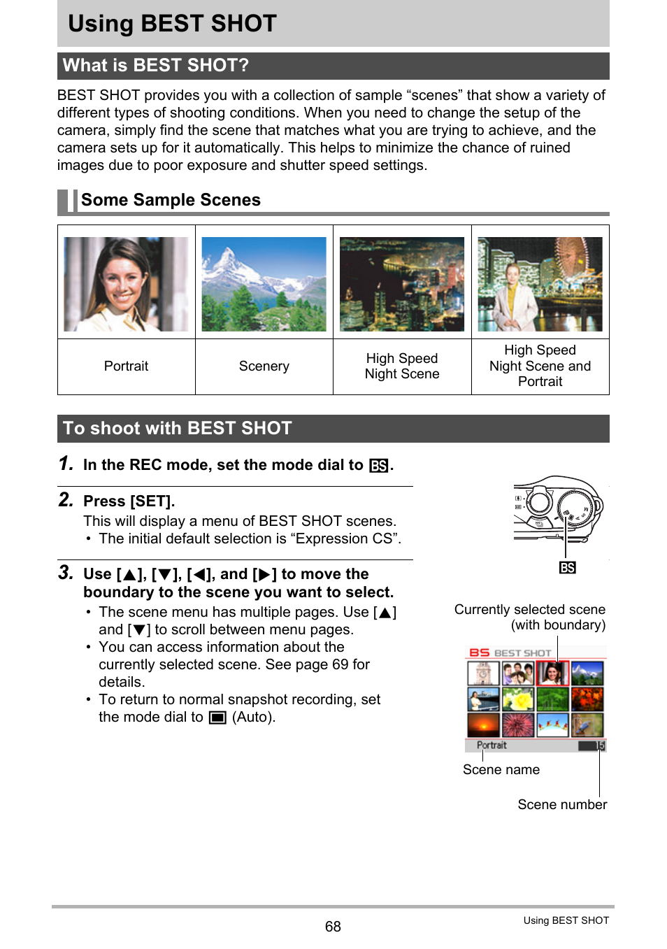 Using best shot, What is best shot, Some sample scenes | To shoot with best shot | Casio EX-FH100 User Manual | Page 68 / 203
