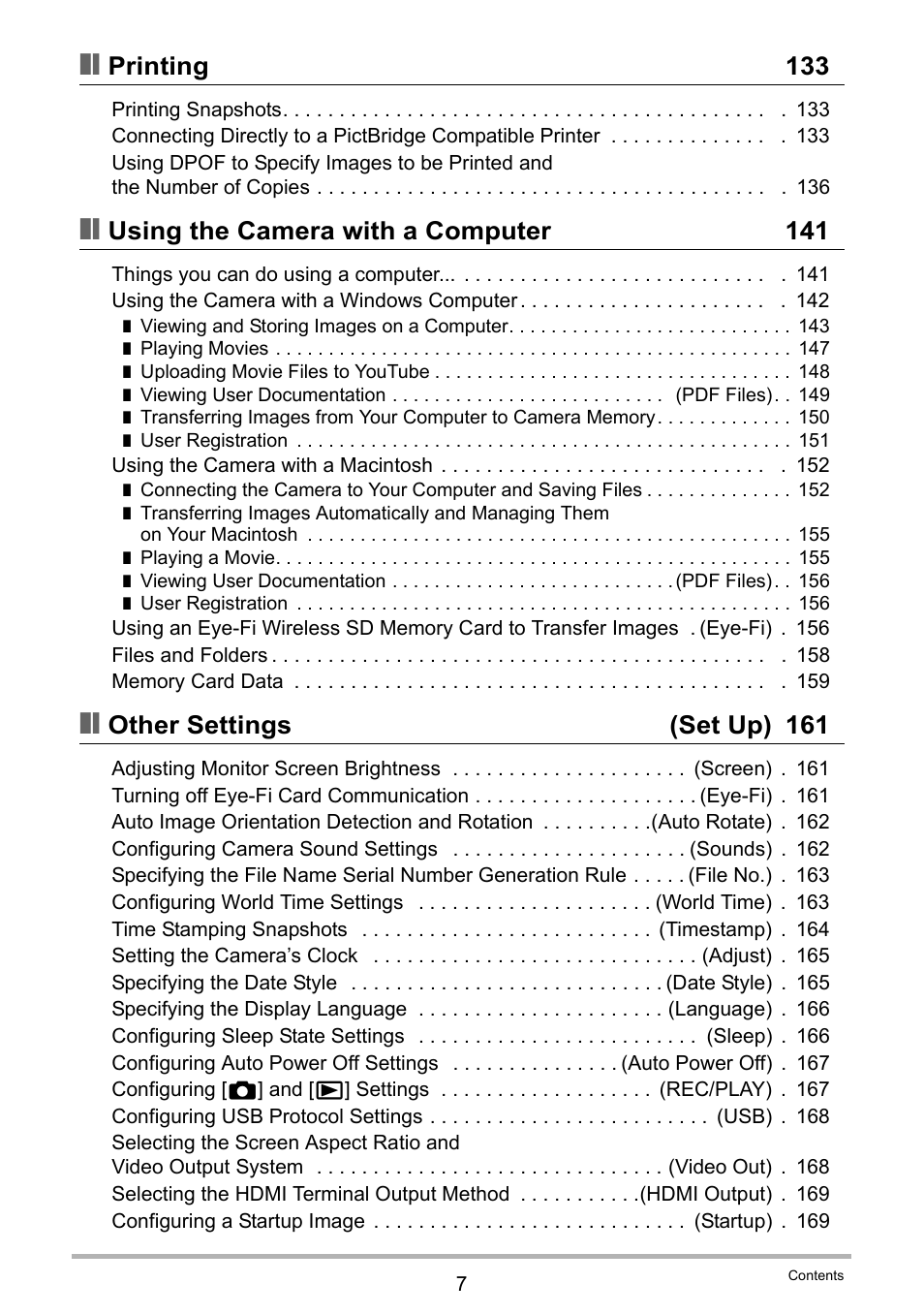 Printing 133, Using the camera with a computer 141, Other settings (set up) 161 | Casio EX-FH100 User Manual | Page 7 / 203