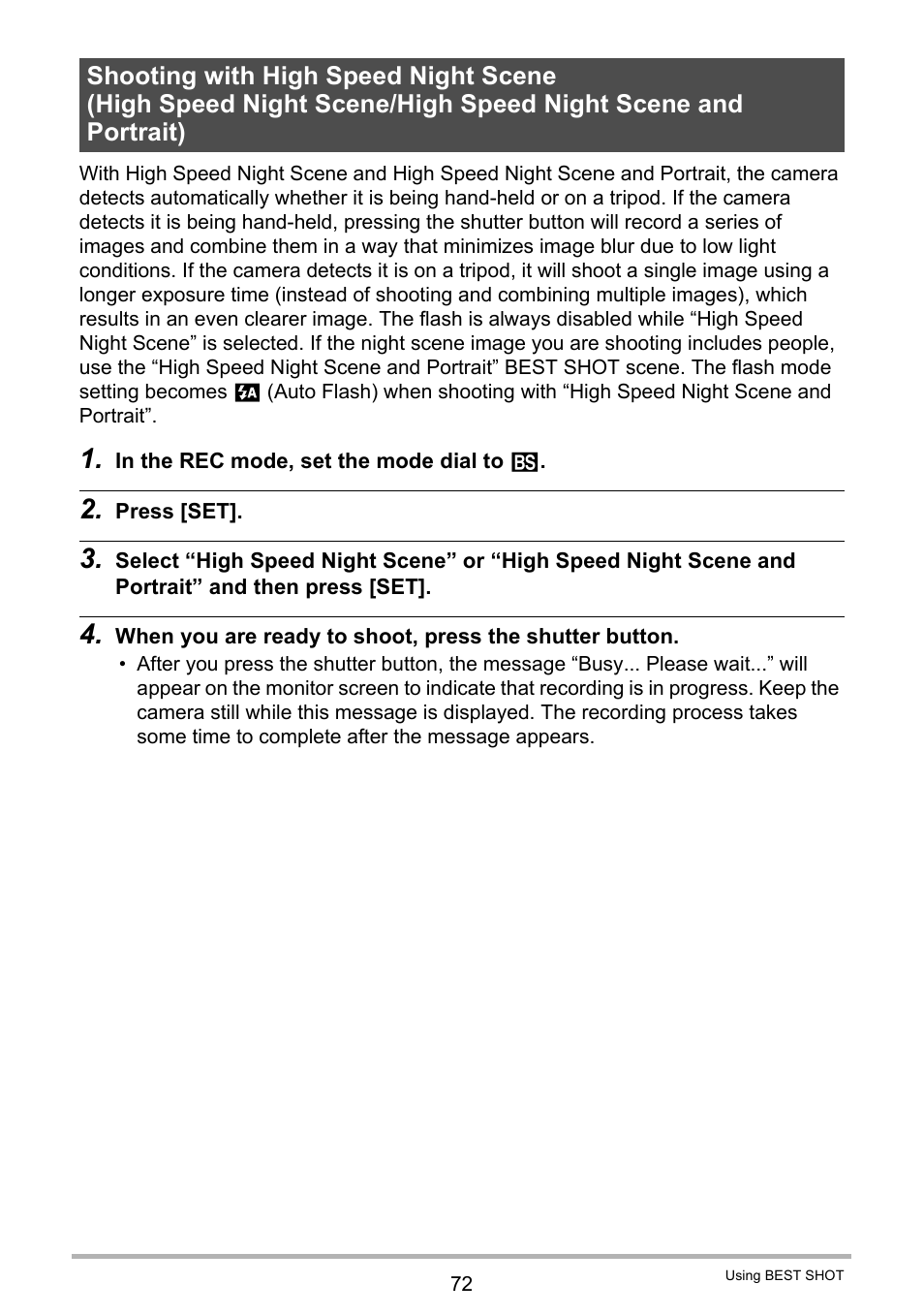 Shooting with high speed night scene | Casio EX-FH100 User Manual | Page 72 / 203