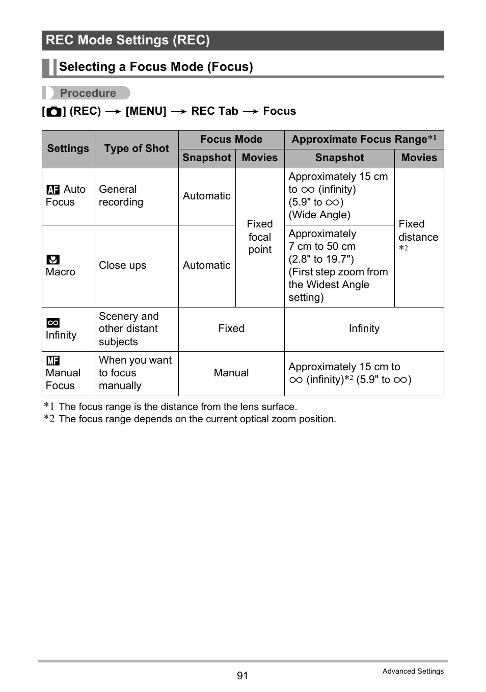 Rec mode settings (rec), Selecting a focus mode (focus) | Casio EX-FH100 User Manual | Page 91 / 203