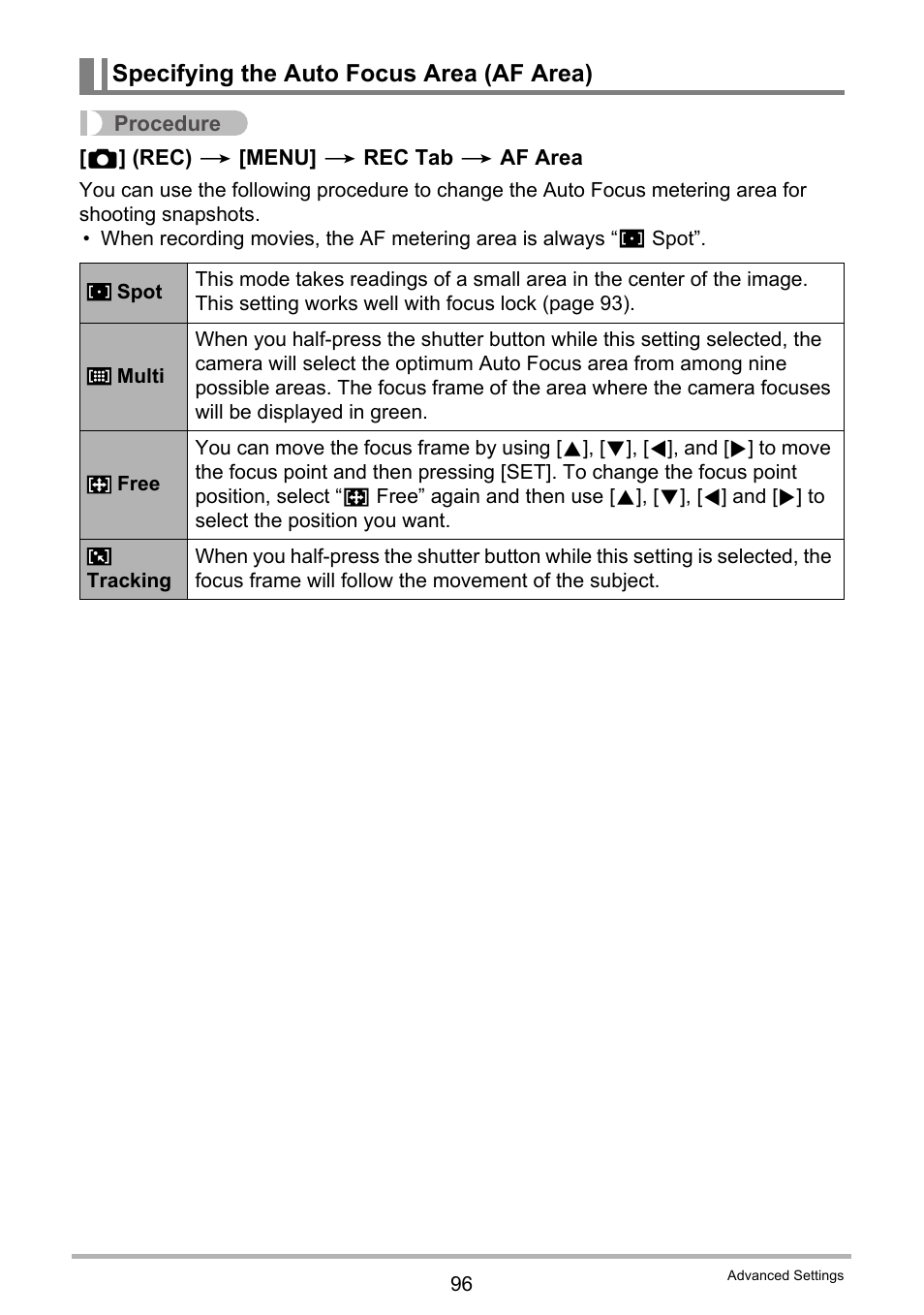 Specifying the auto focus area (af area) | Casio EX-FH100 User Manual | Page 96 / 203