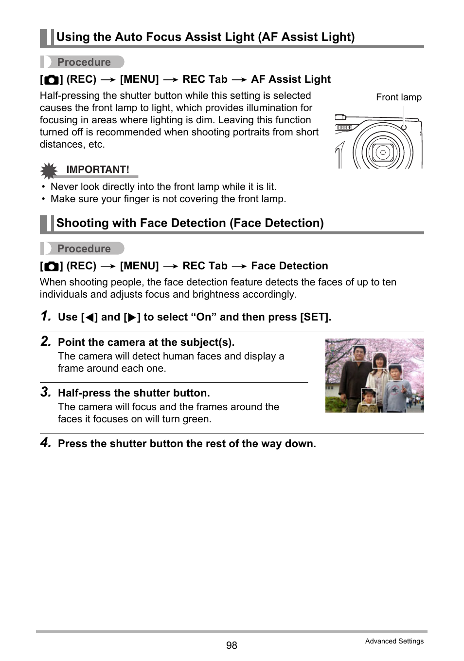 Shooting with face detection (face detection) | Casio EX-FH100 User Manual | Page 98 / 203