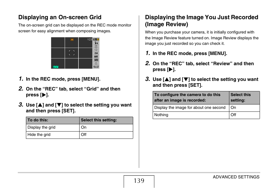 Displaying an on-screen grid | Casio EXILIM EX-Z77 User Manual | Page 139 / 265