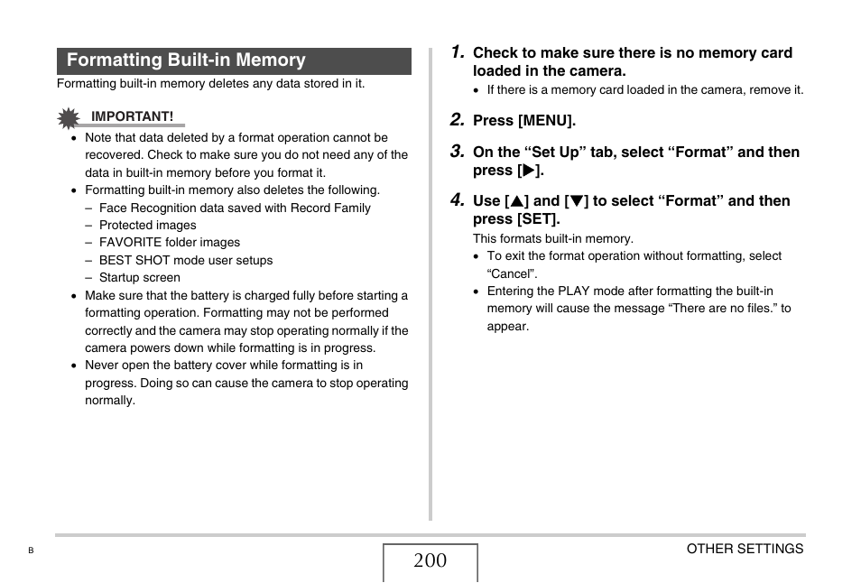 Formatting built-in memory | Casio EXILIM EX-Z77 User Manual | Page 200 / 265